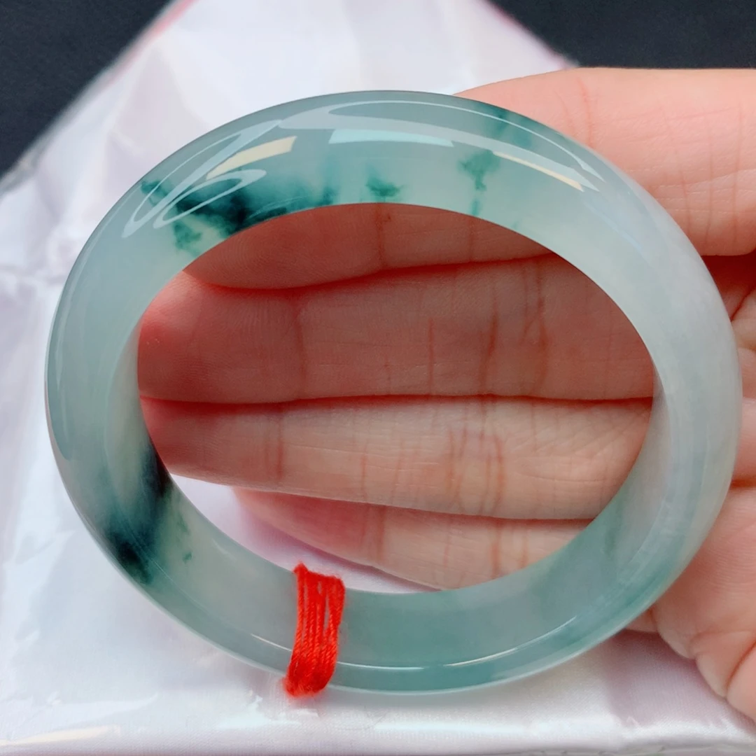 翡翠未镶嵌手镯53.7圈 冰种起光起胶蓝底飘蓝花种老