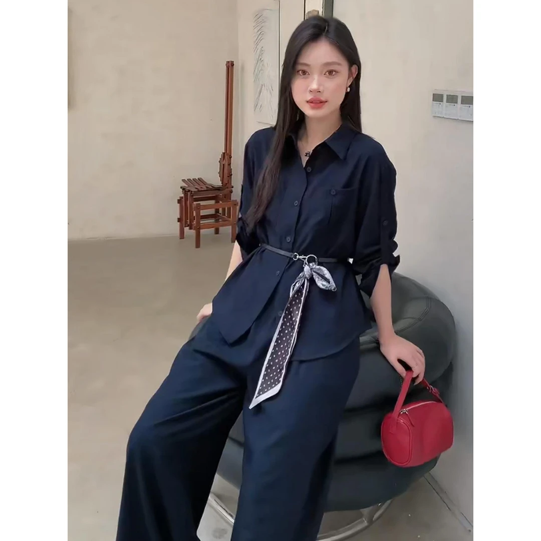 时尚套装女秋装2025韩版收腰显瘦长袖衬衫搭阔腿裤减龄洋气两件套