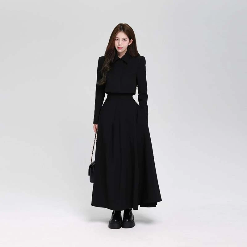 【粥粥】【黑色】【两件套】【有里布】气质时尚显瘦高腰裙子套装LJ0065