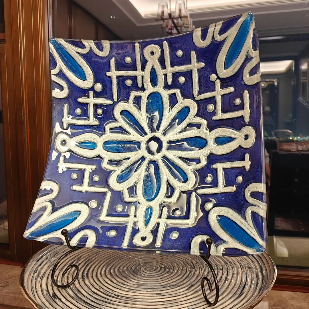 深蓝方形装饰盘琉璃果盘家居装饰方盘摆件（送支架）