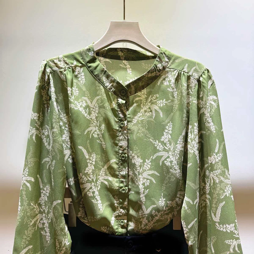 玖伊兰碎花立领真丝衬衫长袖打底上衣2025秋季新款桑蚕丝衬衣开衫