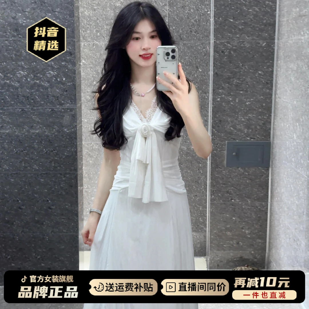 法式无袖v领白色连衣裙女夏季2025新款掐腰绝美巨好看气质长裙子
