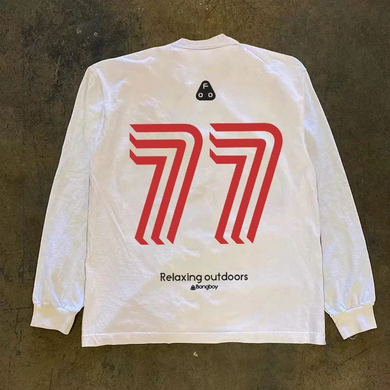 重磅圆领口美式复古数字77印花长袖T恤男女纯棉休闲潮牌打底衫衣