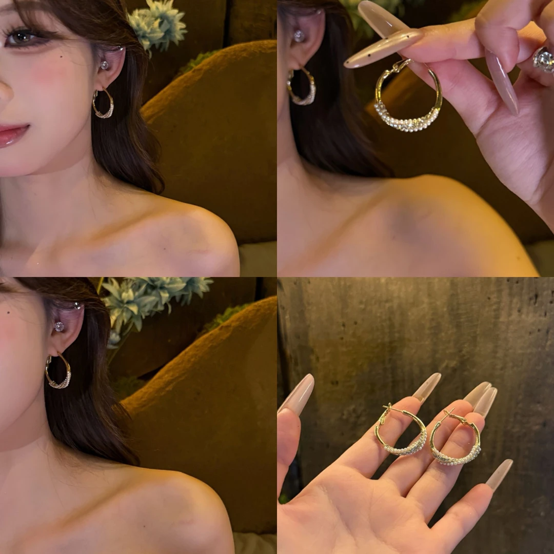 铜合金耳饰 高级感简约珠珠锆石麻花耳圈气质时尚设计感个性耳环