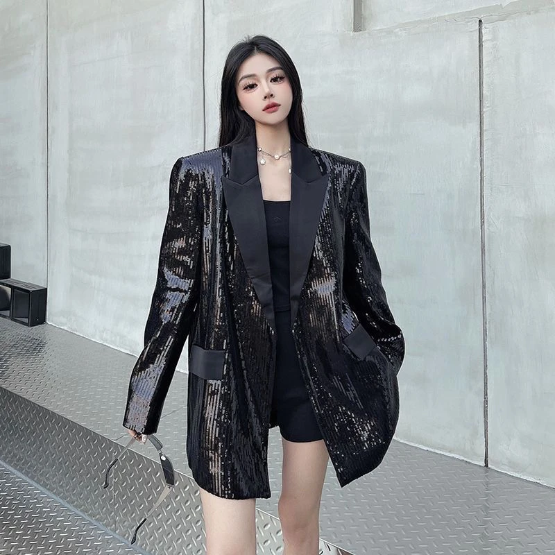 设计感小众黑色亮片西装外套女2025春季新款宽松气质垫肩西服上衣