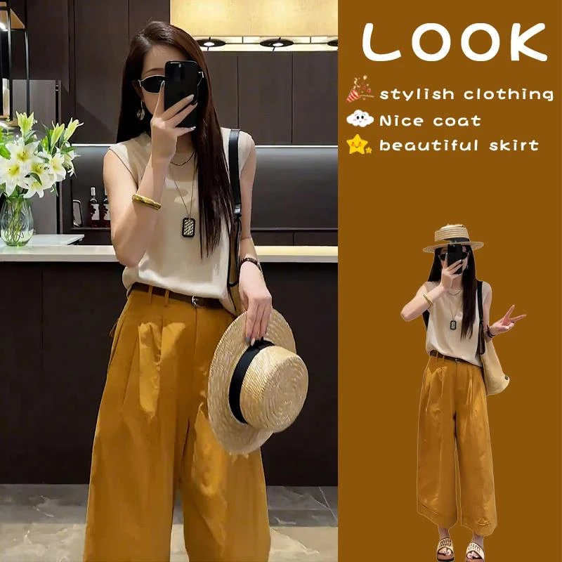 今年流行漂亮松弛感穿搭小众不撞款盐系轻熟杏色T恤裤子套装女夏