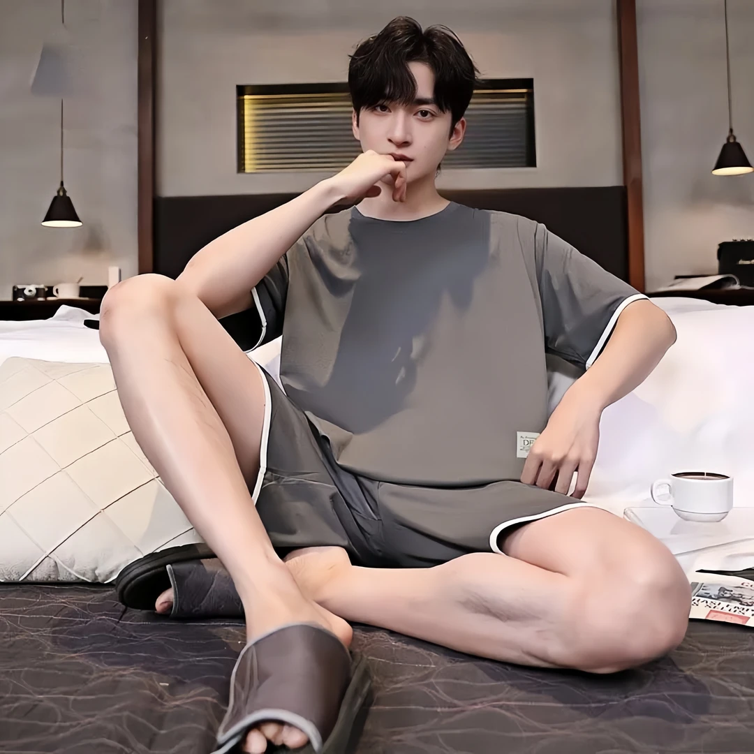 莫代尔睡衣短袖男士夏季透气宽松夏天薄款简约休闲男款青年家居服