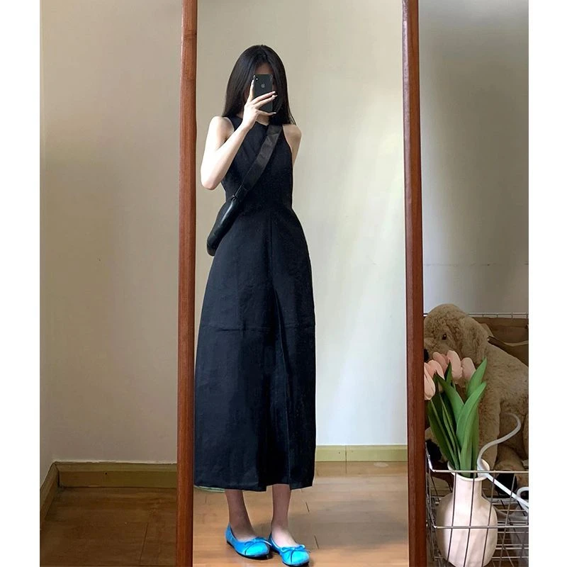 法式赫本风复古黑色无袖质感无袖背心修身连衣裙女高级感气质时尚