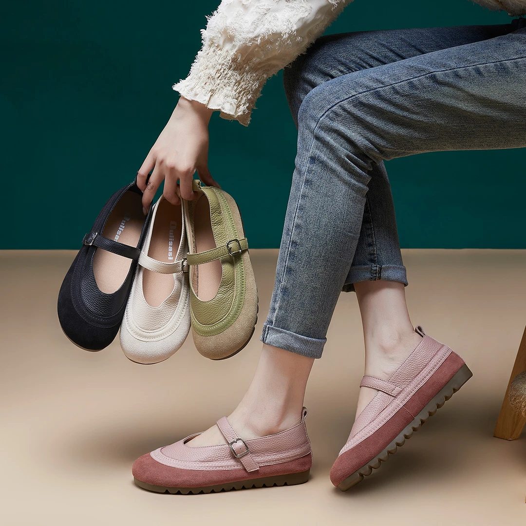 头层牛皮单鞋女2024新款夏季一字绑带复古浅口平底透气舒适单品凉