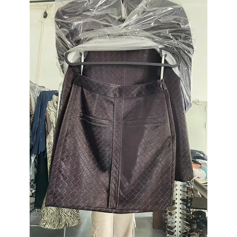JIAXINXQING新品酷帅高腰修身显瘦格子包臀裙短裙A字皮裙