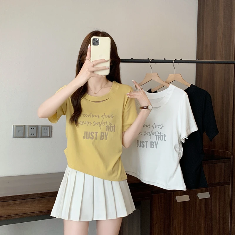 2025夏装新款胖mm大码女时尚纯欲风镂空印花字母别致短袖T恤A1534