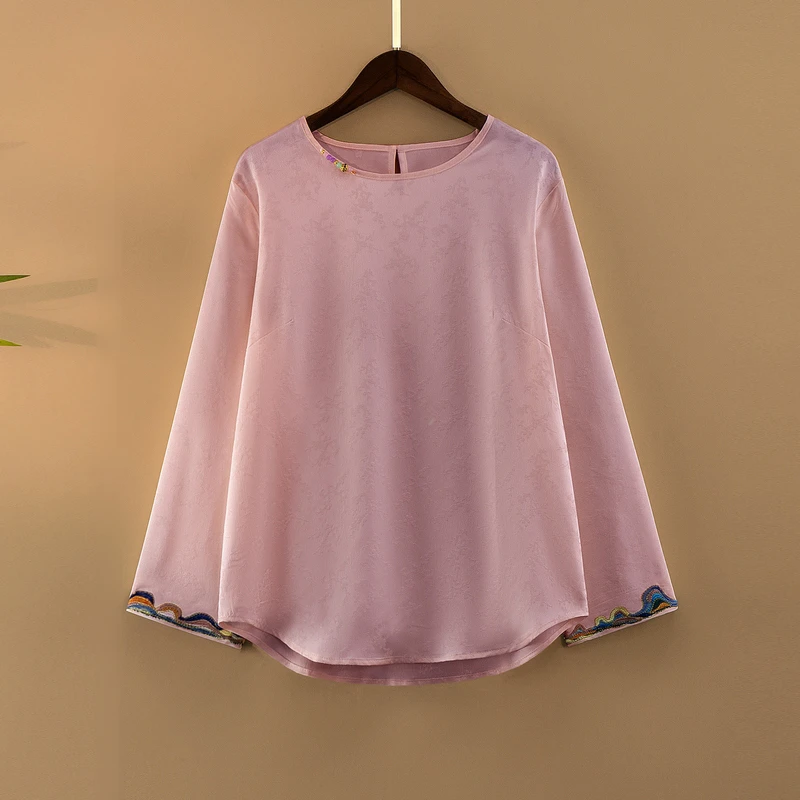 【月莺】夏季2025新款上衣小衫女装新中式国风圆领宽松绣花长袖衬衫