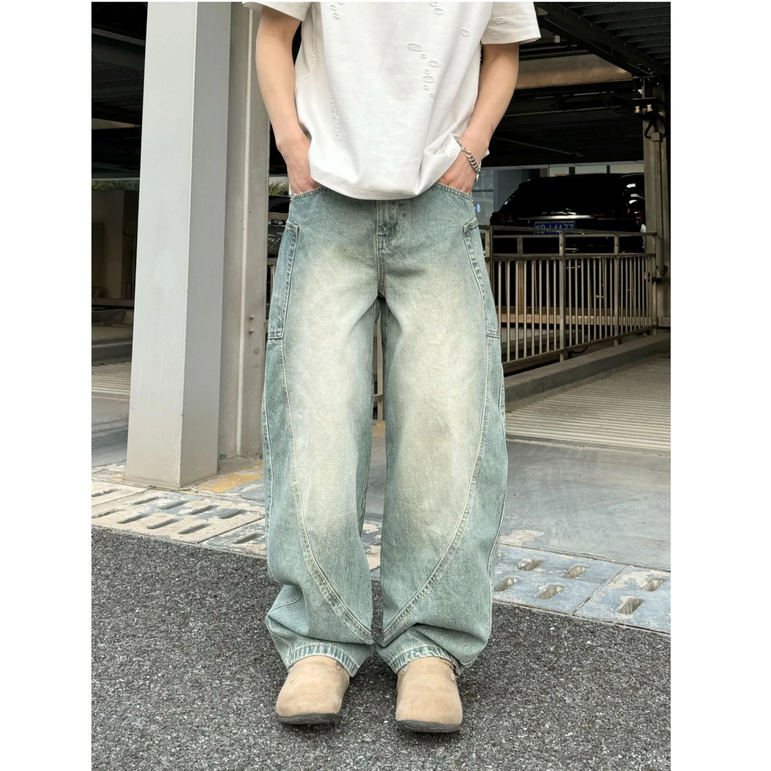 春季新款水洗弯刀工装牛仔裤男春季潮牌拼接宽松阔腿高街直筒休闲