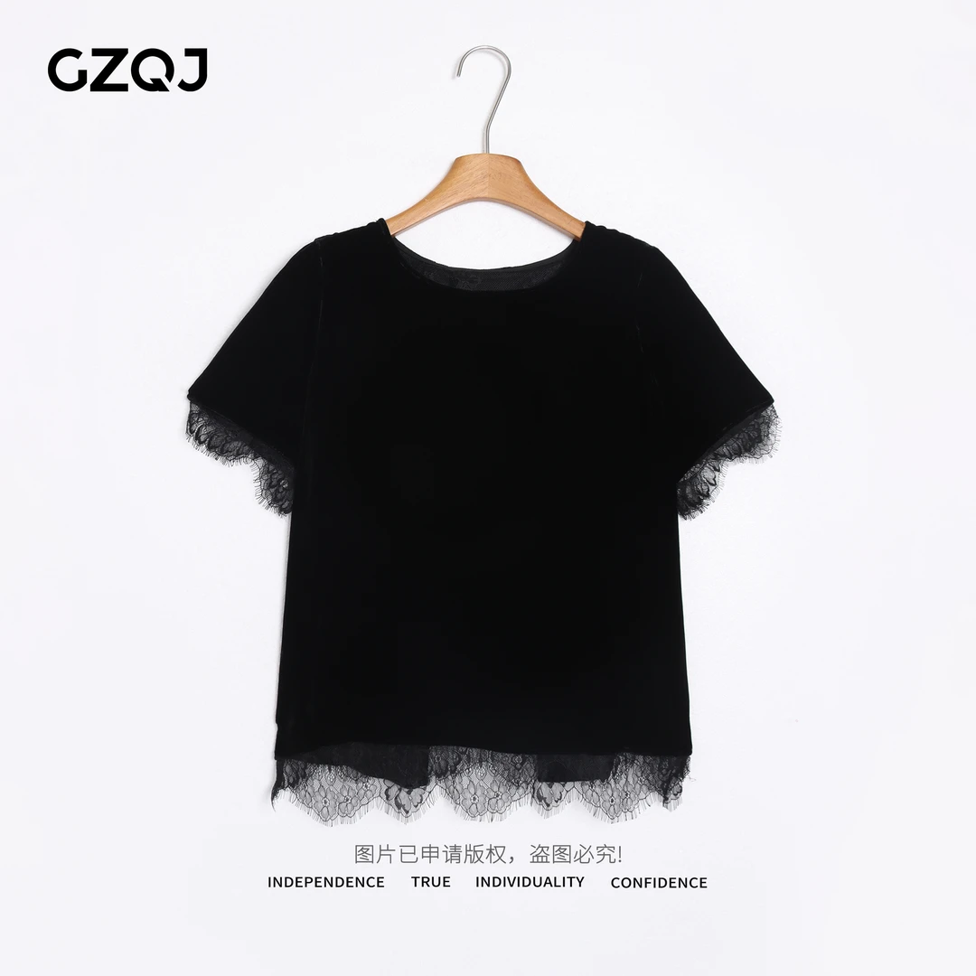 老琴私服【丝绒篇章】100真丝丝绒欧若风时尚下摆蕾丝上衣女夏15232