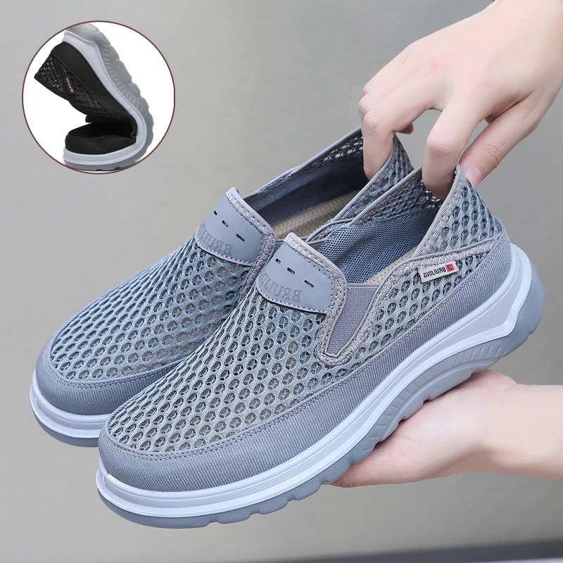 老北京布鞋男夏季网面透气休闲爸爸一脚蹬中老年大码宽松男士网鞋