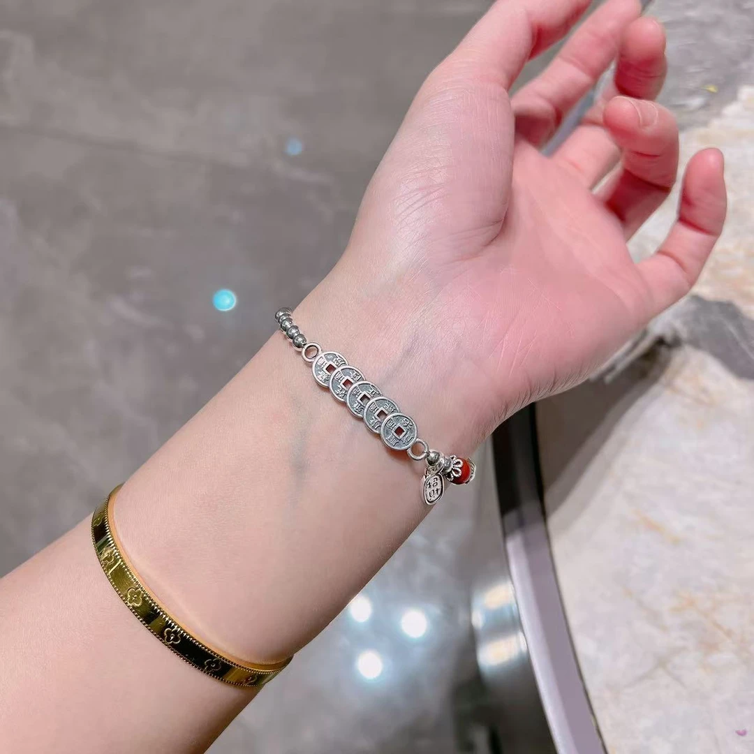 足银手链 旺莱 859 五帝钱招财纳福4M光珠手链L9018890619