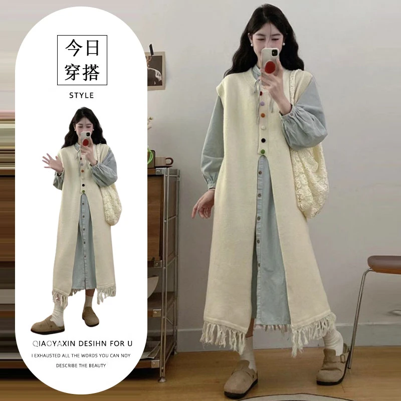 微胖女孩的显瘦穿搭森系复古减龄慵懒针织马甲连衣裙叠穿两件套装