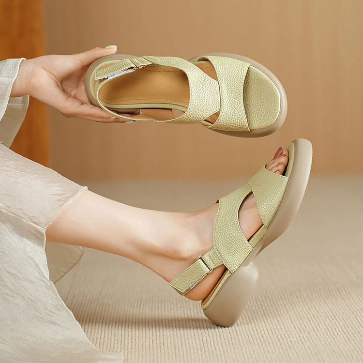 羊皮~4cm夏季新款粗跟厚底中跟凉鞋时尚百搭舒适软底软皮真皮女鞋