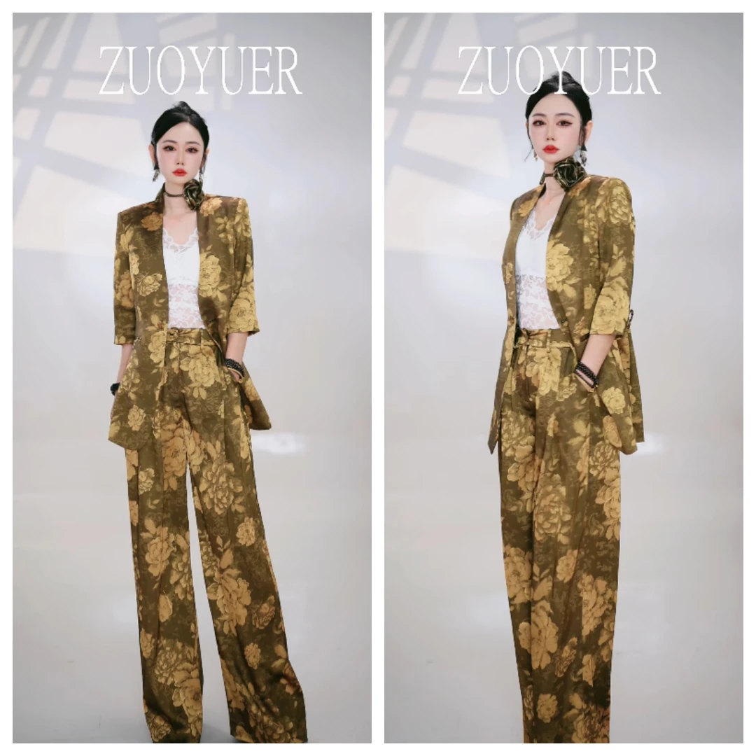 【定向】2025夏季气质轻奢烫金提花垂感阔腿裤套装