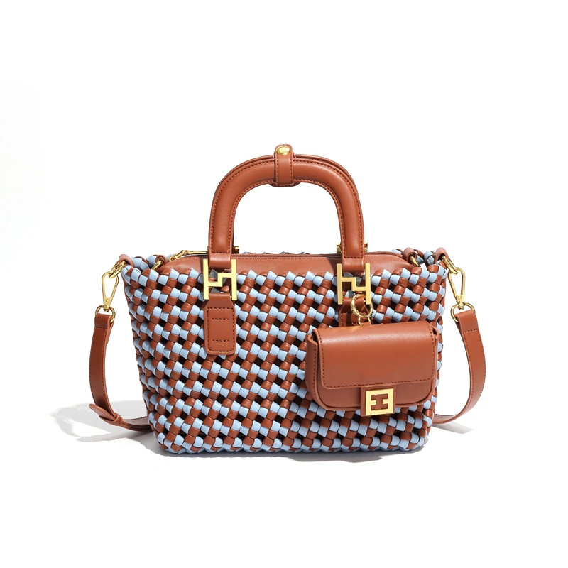 夏季手工编织小众托特包女时尚欧美手提包B1865-蓝棕