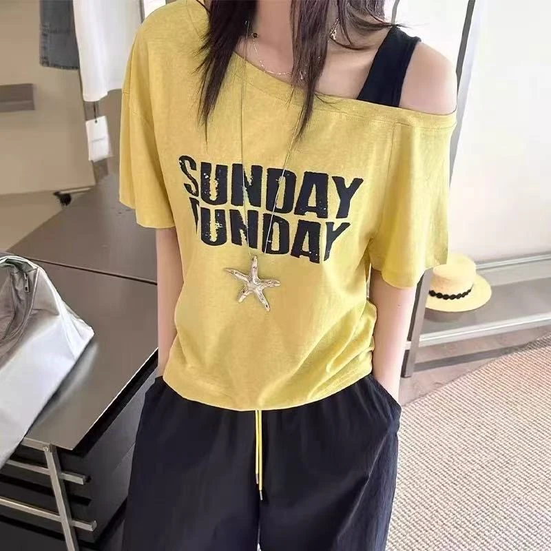 大码夏季斜肩吊带撞色字母休闲印花短袖上衣T桖显瘦百搭女装女夏