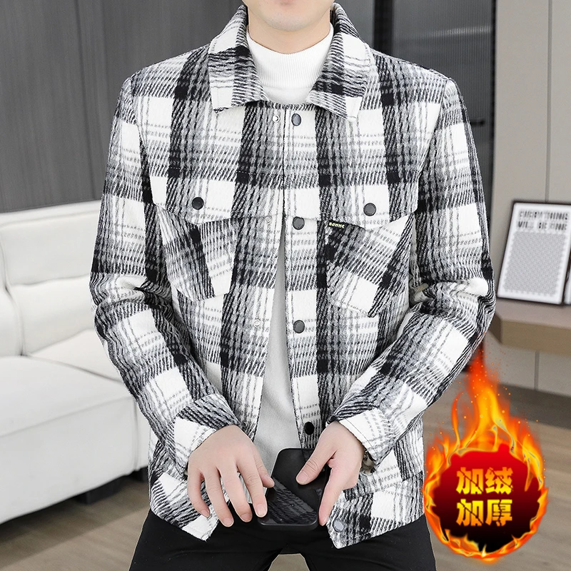男士潮流格子外套冬季加绒保暖休闲夹克时尚减龄韩版加厚青年上衣