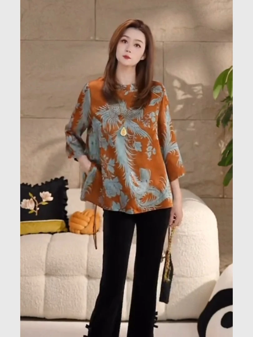 棕色印花圆领盘扣上衣女2025新款爆款绝美新中式国风重要场合小衫