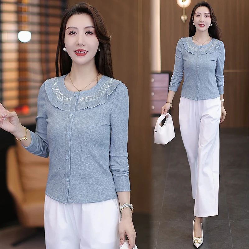 时尚拼接长袖T恤女士春秋新款洋气荷叶边圆领小衫温柔风宽松上衣