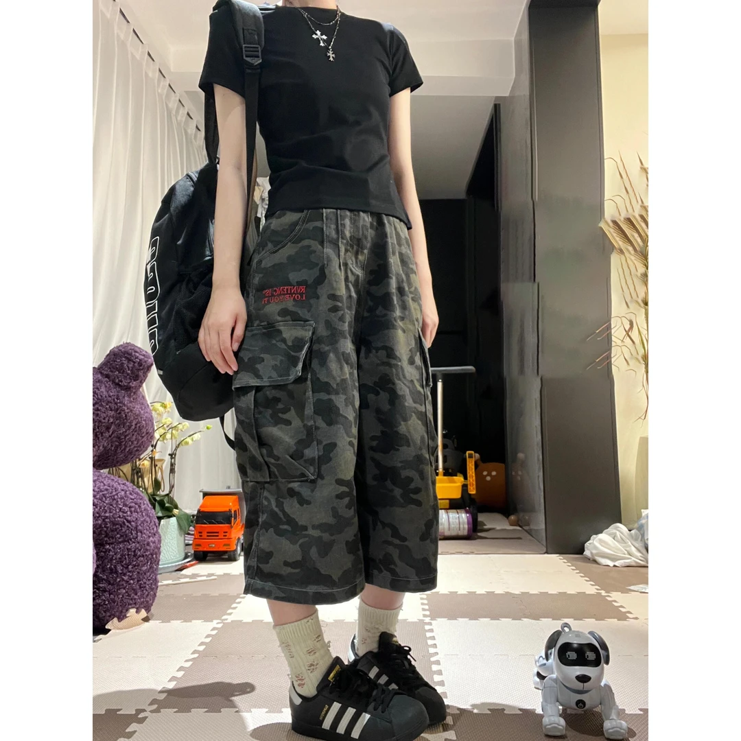 迷彩工装设计感七分牛仔裤女夏季新款大口袋宽松美式垂感阔腿中裤