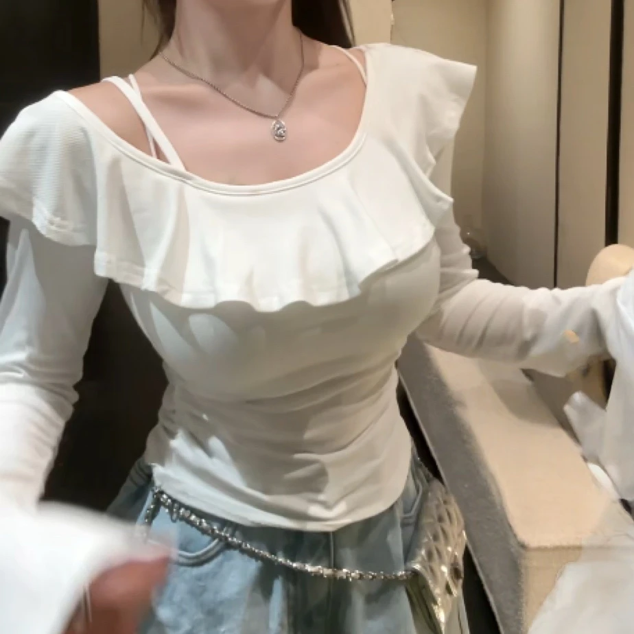 早秋新款斜肩荷叶边短款女2025设计感时尚百搭上衣