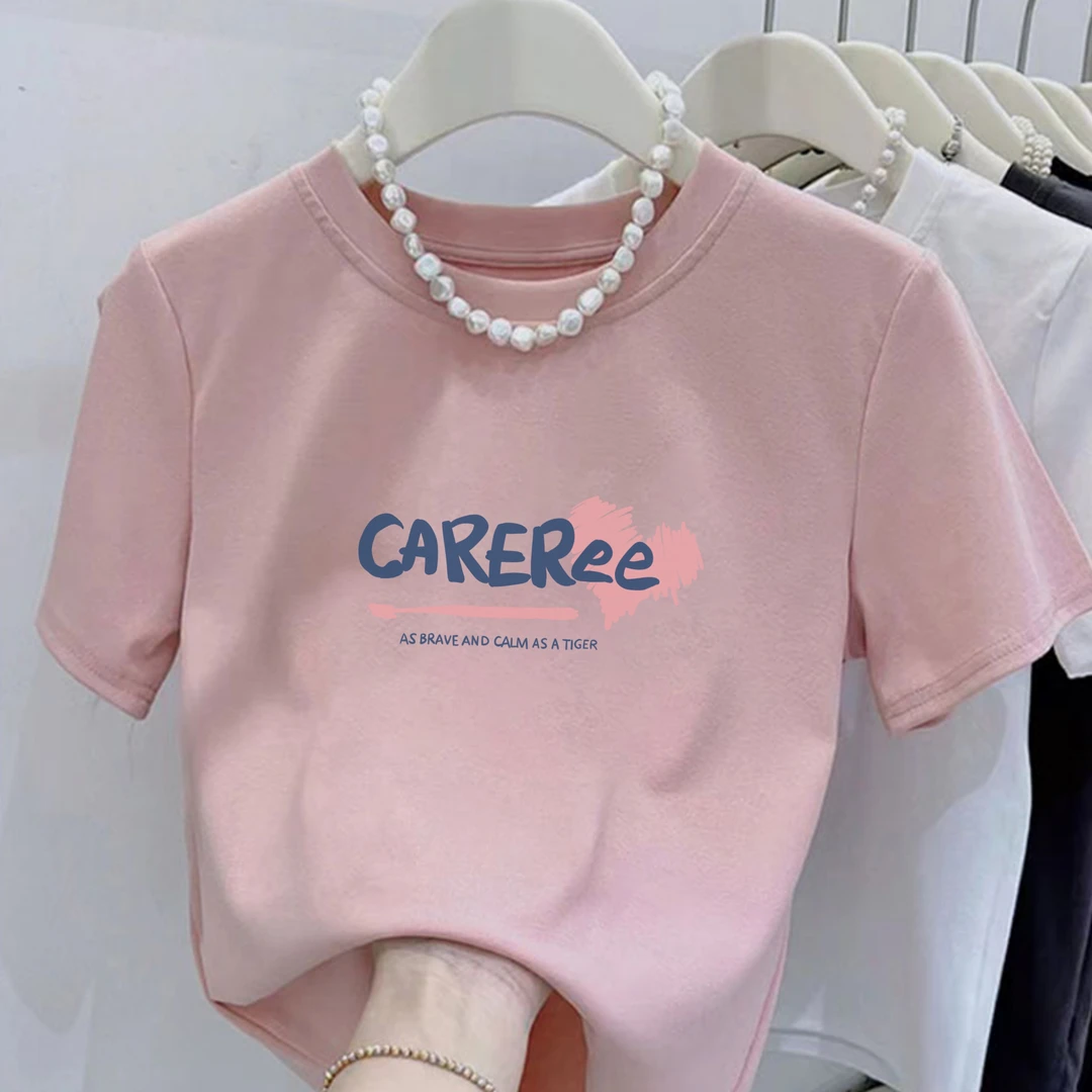 2025新款圆领粉蓝CAREREE印花纯棉短袖小个子女修身显瘦百搭上衣