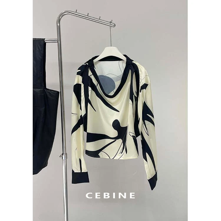 清！气质露肩松紧带设计感燕子印花假两件T恤上衣