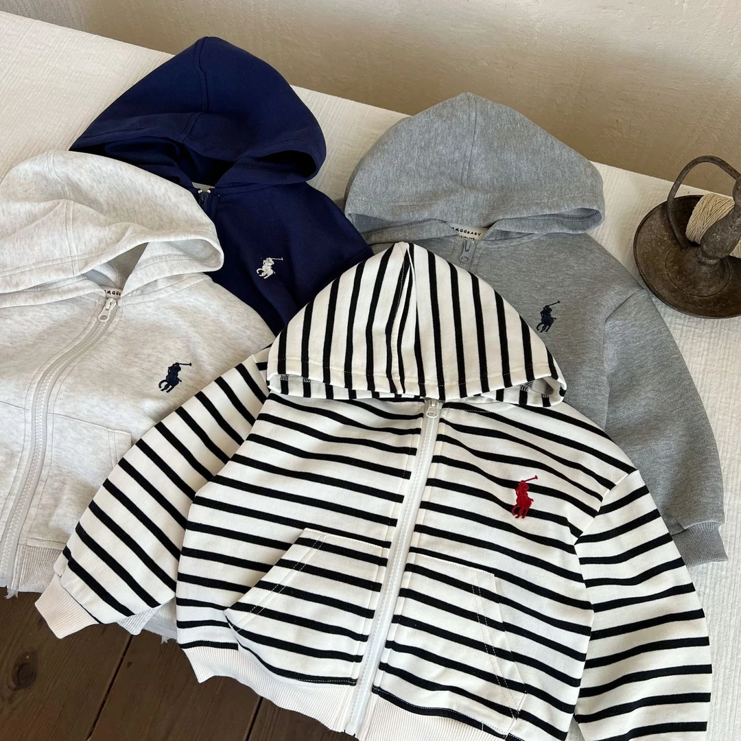 儿童外套春秋季男童女童连帽拉链外套宝宝连帽衫纯色条纹时尚潮童