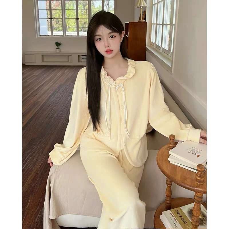 女秋冬季加厚双面薄绒新中式长袖海岛绒春秋家居服套装