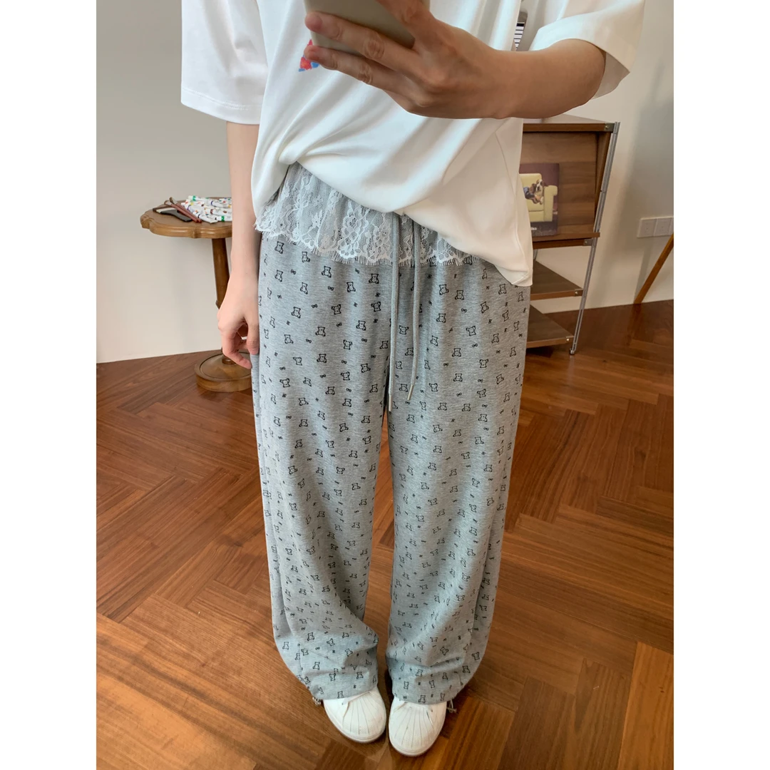 韩系蕾丝花边拼接设计碎花休闲裤女夏季新款高腰松紧抽绳阔腿长裤