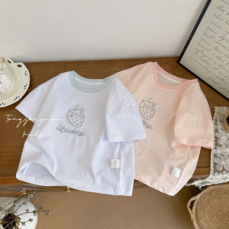 女童夏季新款时尚洋气草莓绣花短袖女宝宝休闲时尚品质童装欧若风