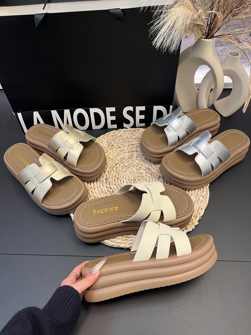 慵懒透气编织~！厚底增高6.5CM外穿拖鞋女夏季ins沙滩透气一字凉拖