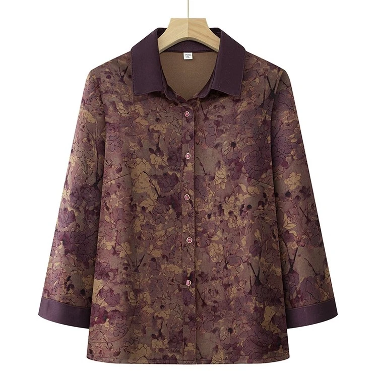 妈妈装秋季新款翻领衬衫老年人女装洋气单排扣中老年妈妈装衬衣