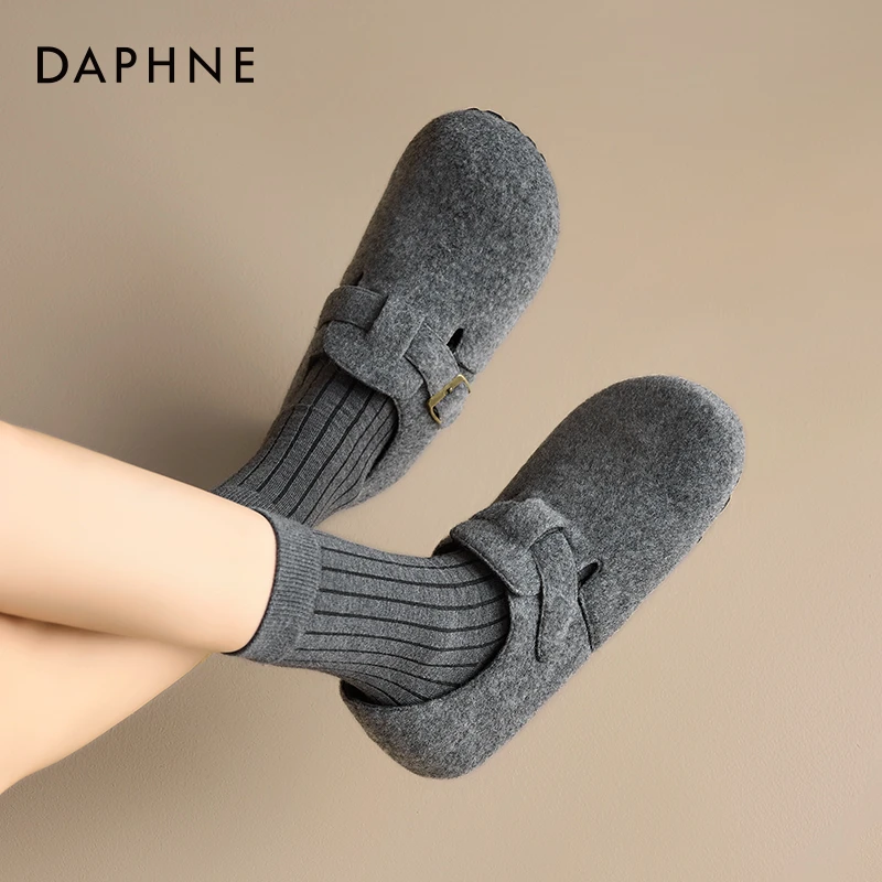 达芙妮毛呢包头鞋女2025新款秋冬加绒毛毛棉鞋懒人一脚蹬平底单鞋