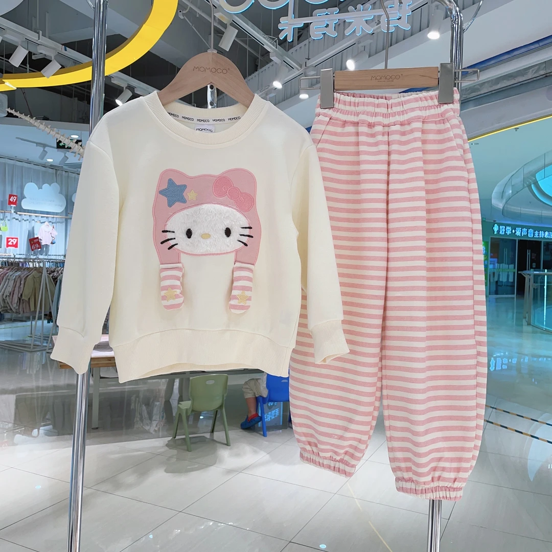 MOMOCO秋季新款女童休闲卡通猫咪条纹裤两件套套装77730580007