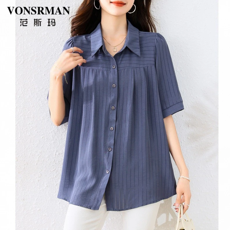 范斯玛大码中长款短袖上衣女2025夏季新款条纹休闲减龄显瘦衬衫女