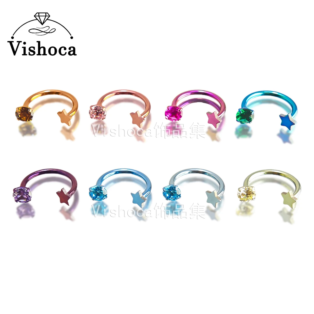 钛合金耳饰 F136钛合金星星马蹄环耳环镶锆石阳极氧化耳钉饰品