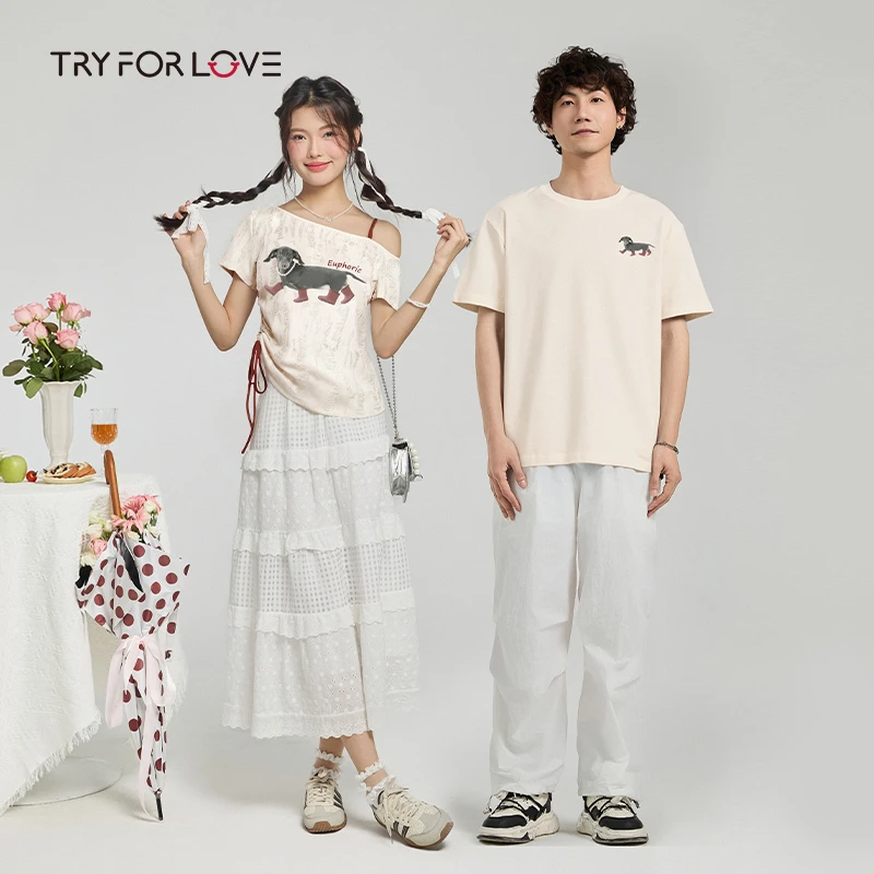 TRYFORLOVE特别的网红情侣装短袖t恤女2025夏季新款露肩吊带上衣