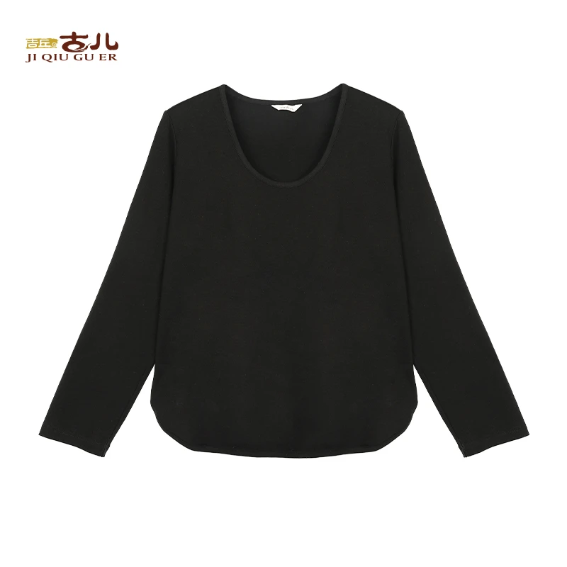 吉丘古儿苏合中式复古提花上衣女士长袖修身百搭T恤黑色G251Y057