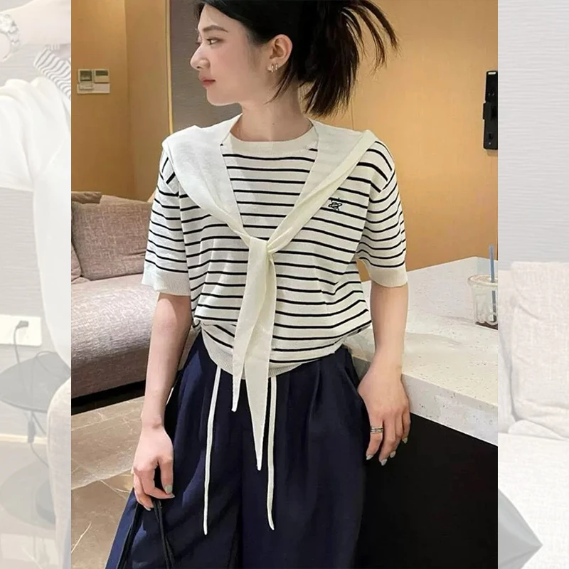 小个子披肩针织冰丝短款上衣女夏季韩系慵懒chic短袖正肩t恤H7-30