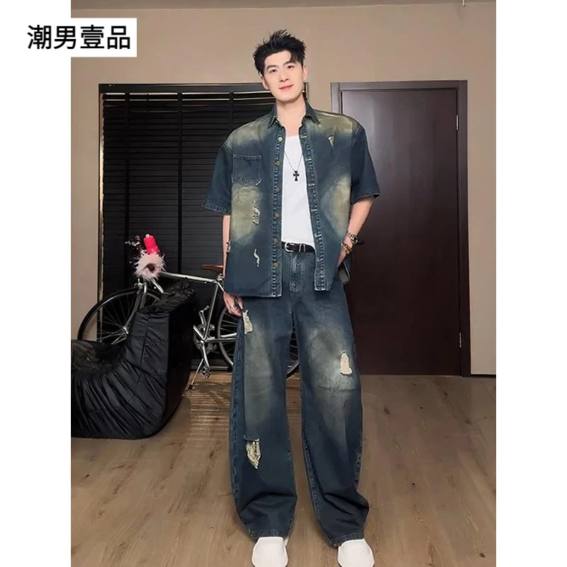 美式高街破洞牛仔裤子男款不贴腿微喇裤加长版高个子显瘦阔腿长裤