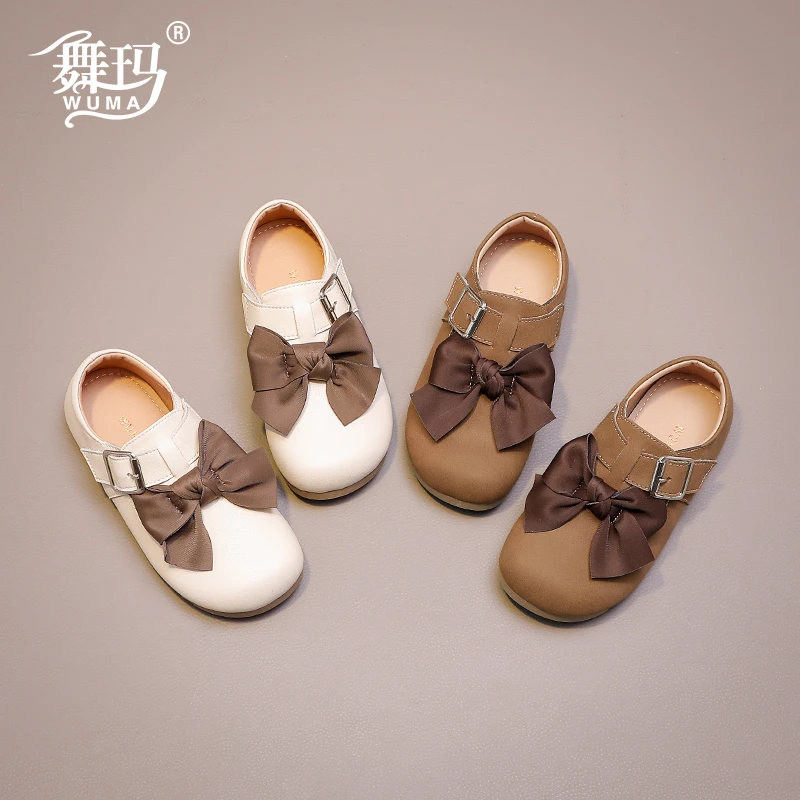 舞玛女童鞋子儿童公主鞋2025春秋新款单鞋蝴蝶结软底小皮鞋538381