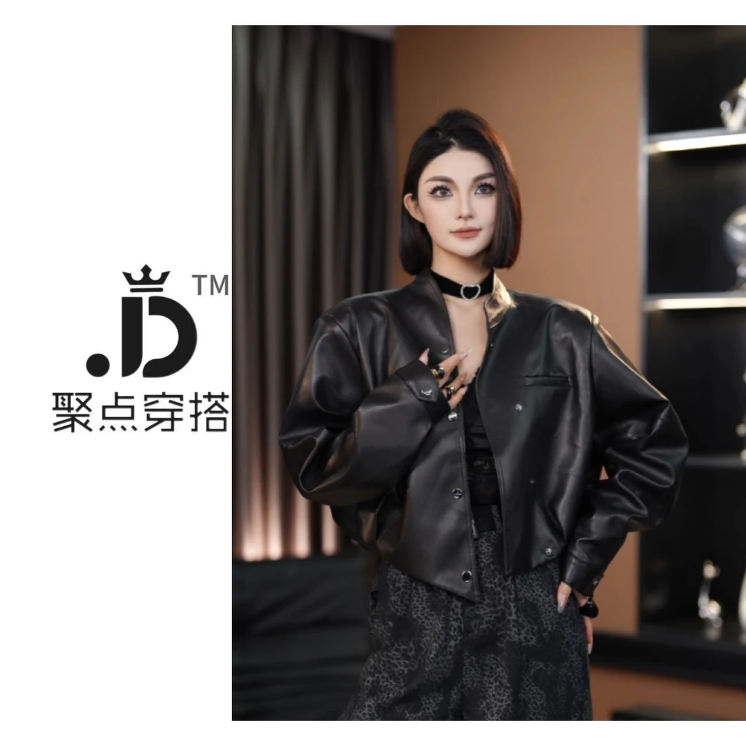 JUDIAN-【英伦风华】春款个性立领斜扣皮衣夹克8jd620380