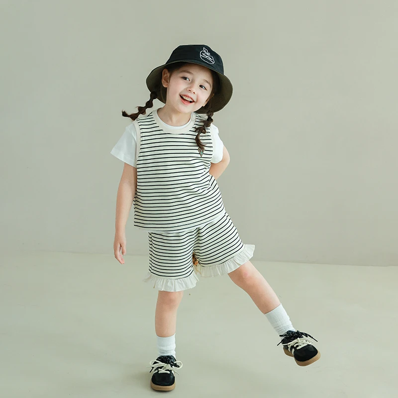 utouto大耳象女童条纹背心花边短裤2025夏季新款无袖套装2501328