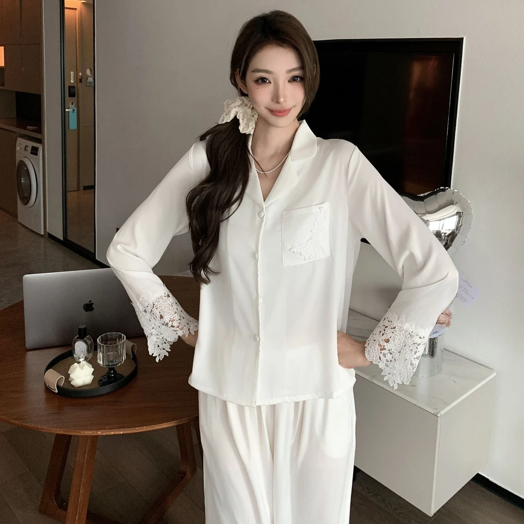 新款冰雪丝睡衣套装少女夏轻奢纯色蕾丝花边长袖长裤丝绸家居服